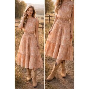 Good Hart Matilda Jane XS Peach Brown Paisley Boho Western Modest Dress Cotton
